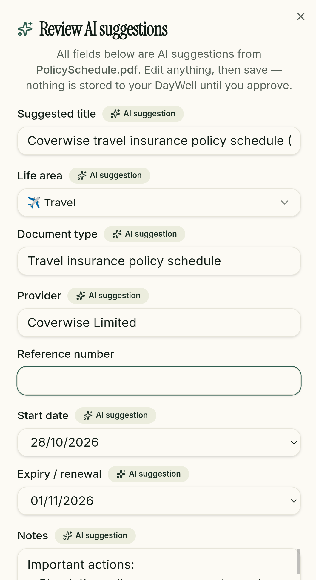 DayWell automatically extracting details from an uploaded document