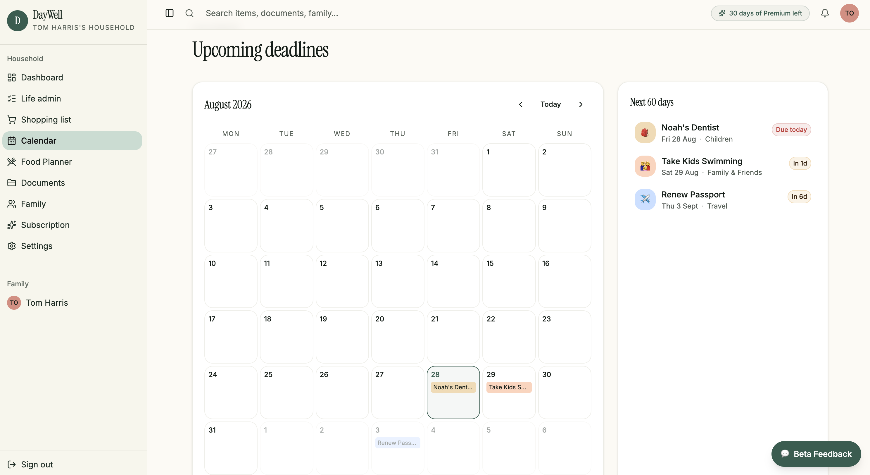 DayWell's shared household calendar